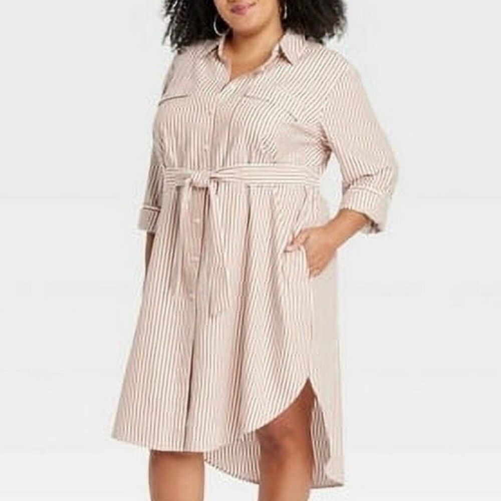 AVA & VIV‎ | Long Sleeve Midi Shirtdress Brown White Striped Shirt Dress | 1X